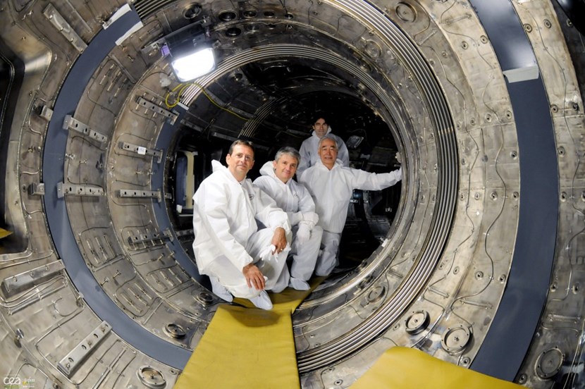 ''Workers'' of choice for the symbolic bolting of WEST's first component: left to right, Alain Bécoulet, director of CEA's Magnetic Fusion Research Institute (IRFM); Gabriele Fioni, director of CEA's Physical Sciences Division; Jérôme Bucalossi, head of the WEST project; and Osamu Motojima, Director-General of the ITER Organization. © Christophe Roux - IRFM (Click to view larger version...)