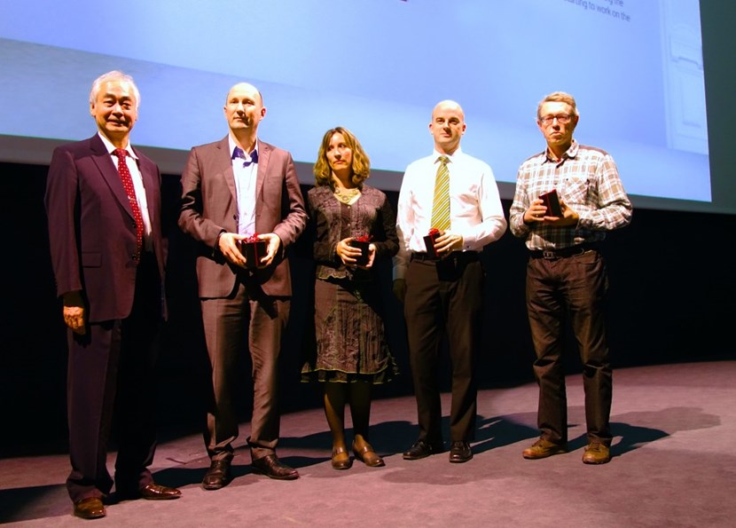 From left to right: ITER Director-General Osamu Motojima and the winners in the Nominations catégory: Alexis Dammann, Virginie Beaudoin, Matthew Kempton and Wolfgang Werner. (Click to view larger version...)