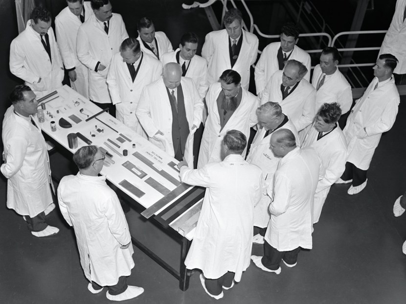 Igor V. Kurchatov (in the middle, with beard) during his visit to the Atomic Energy Research Establishment in Harwell on 26 April 1956. On his right is Nikita S. Khrushchev, to his left is Nikolai A. Bulganin. Opposite is Sir John D. Cockcroft, Director of the Atomic Energy Research Establishment. On the table, mockups of elements from the material testing reactor DIDO, which had just entered operation, are exhibited. (Click to view larger version...)