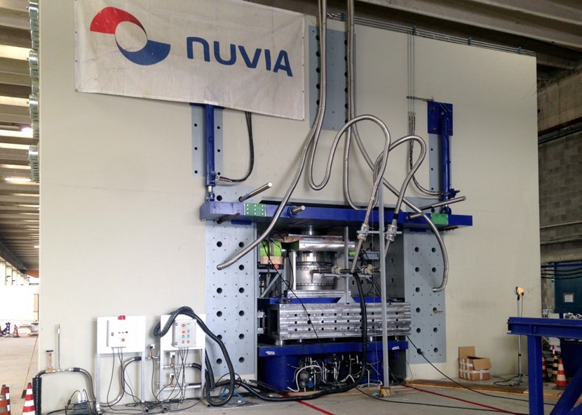 In order to simulate the vertical compression forces that the bearings may be subject to, a powerful hydraulic press—capable of delivering up to 7,000 tonnes of vertical pressure—was purpose-built in the Nuvia facility near Milan, Italy. (Click to view larger version...)