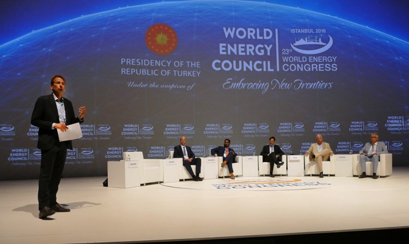 Thomas Klinger, project director of the Wendelstein 7-X stellarator at the Max Planck Institute for Plasmaphysics in Germany (seated, first from left) holds up the flag for fusion at the recent World Energy Congress in Istanbul. Here, he is introduced by moderator Karel Beckman, editor of the European magazine ''Energy Post.'' (Click to view larger version...)