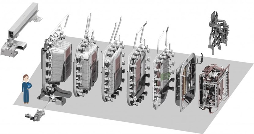 An exploded isometric view of the ITER/MITICA beam source, composed of a radio frequency ion source and a seven-grid extractor and accelerator. (Click to view larger version...)