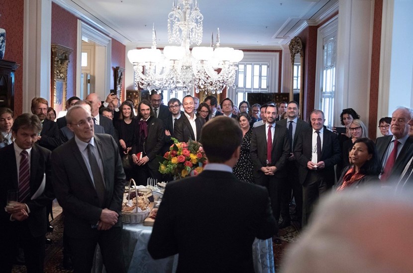 At Blair House, the US President's guest house, French President Emmanuel Macron addresses the delegation that accompanies him on his State visit. ITER Director-General Bernard Bigot is second from left. Fields Medal and Member of the French Parliament Cedric Villani, another strong proponent of ITER, was also part of the delegation. © Présidence de la République (Click to view larger version...)