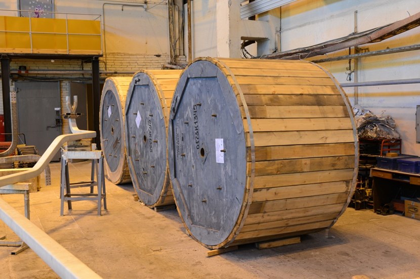 Three of the 38 reels of coaxial cable that left the Sevkabel plant for shipment to ITER. The cables are designed to connect switching devices to the energy-absorbing resistors of the fast discharge system. (Click to view larger version...)