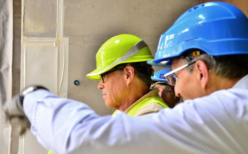 The Secretary's worksite tour included stops in the Tokamak Building (here he is seen observing the ongoing works on the cryostat crown), as well as the cryoplant, the Poloidal Field Coil Winding Facility, the Cryostat Workshop and the Assembly Hall. (Click to view larger version...)