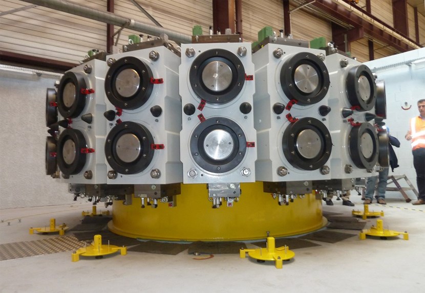 This unusual test bench has 36 actuators exerting a force of 1,000 tonnes each. They will operate simultaneously to subject the toroidal field coil magnet system's pre-compression rings to ITER-like forces in order to test their resistance and durability. (Click to view larger version...)