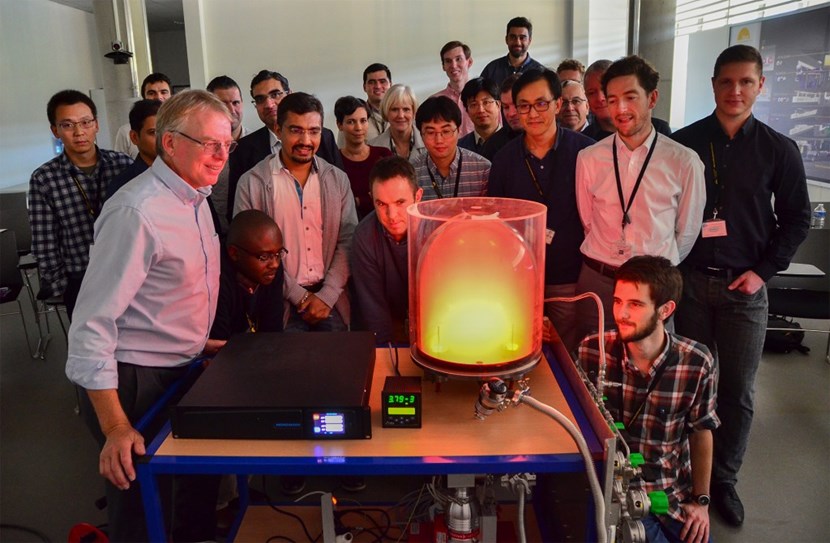 The orange glow of a plasma produced under a vacuum dome. The two-day Vacuum Lectures event last week, organized for ITER Organization and Domestic Agency participants, was the third of its kind. (Click to view larger version...)