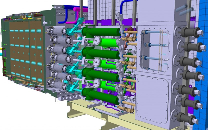 Preliminary layout of eight injectors in one-third of an equatorial port plug. The installation includes (from right to left) the propellant gas valve, the pellet cryostat, a pellet integrity monitor, the primary vacuum gate valve, and a bellows at the closure plate of the port plug for mechanical decoupling from the vacuum vessel. At the end of the flight tube inside the port plug, a bend will ensure breaking the pellet into fragments for better assimilation inside the plasma. (Click to view larger version...)
