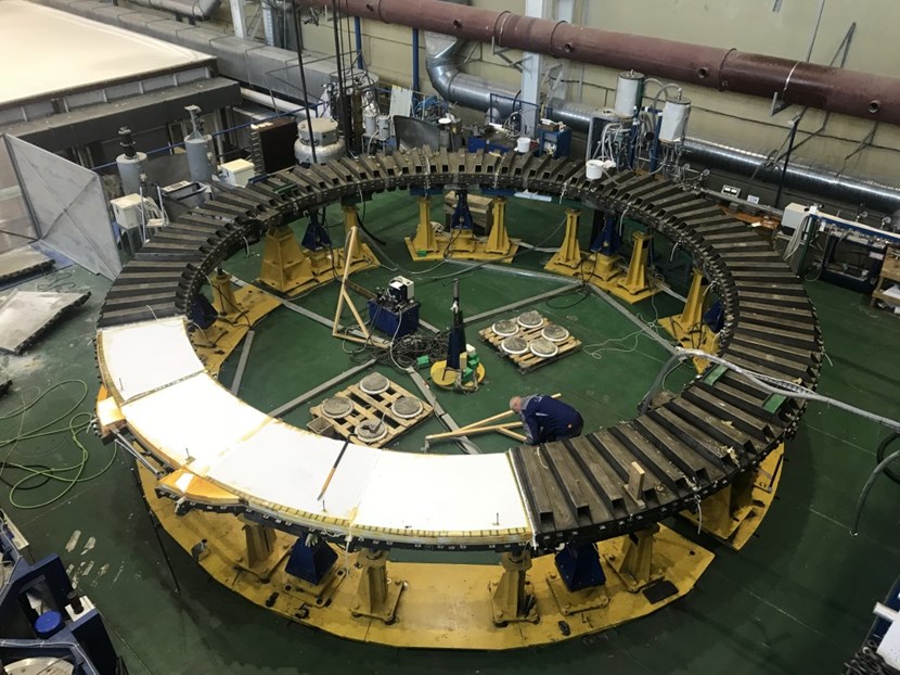 The mould is coming off the sixth double pancake after vacuum pressure impregnation. The nine-metre-in-diameter pancakes will be stacked and joined electrically. (Click to view larger version...)