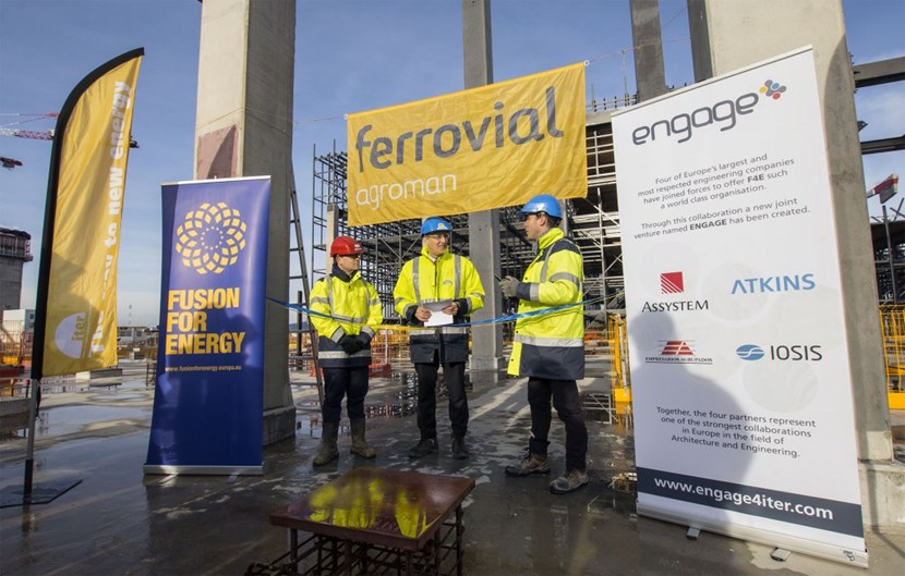 Director-General Bernard Bigot (centre) stressed the symbolic importance of the buildings, which are all part of the installation's heat rejection system. To the right: Laurent Schmieder, of Fusion for Energy, who led the construction of the buildings; to the left: Alberto Lopez of the contractor Ferrovial. (Click to view larger version...)