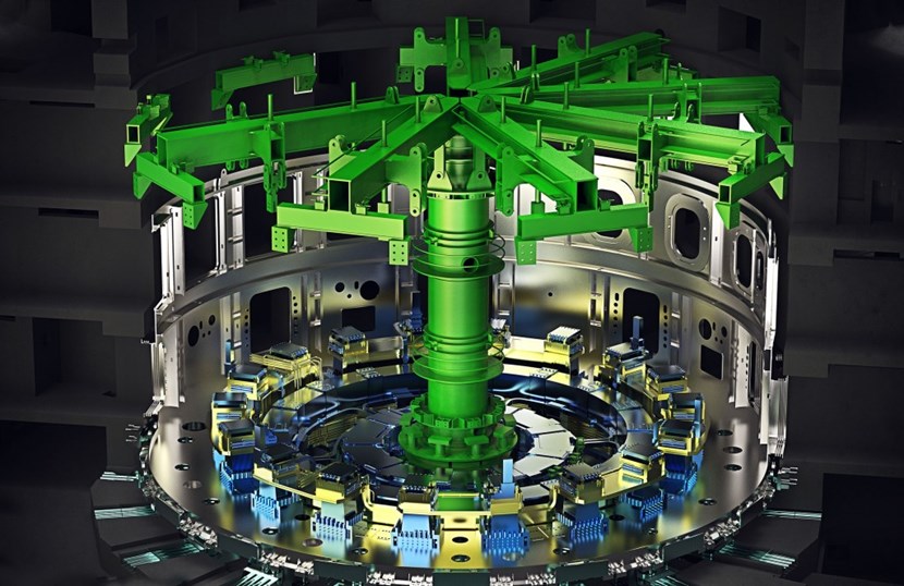 This towering, 600-tonne in-pit assembly tool will support the weight of the vacuum vessel subassemblies as they are progressively assembled and welded in the Tokamak Pit. (Click to view larger version...)