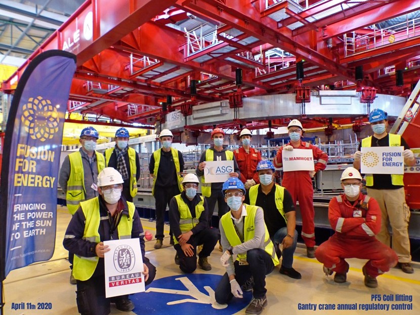 The lifting operation was also the occasion to carry out the annual certification exercise on the gantry crane in the Poloidal Field Coils Winding Facility—a 30-metre-in-diameter steel structure supported by four hydraulic towers traveling on rails. Partners in the successful exercise are the ASG manufacturing consortium, MAMMOET (formerly ALE, for the crane), Bureau Veritas (regulatory control), and procuring Domestic Agency Fusion for Energy (Europe). (Click to view larger version...)