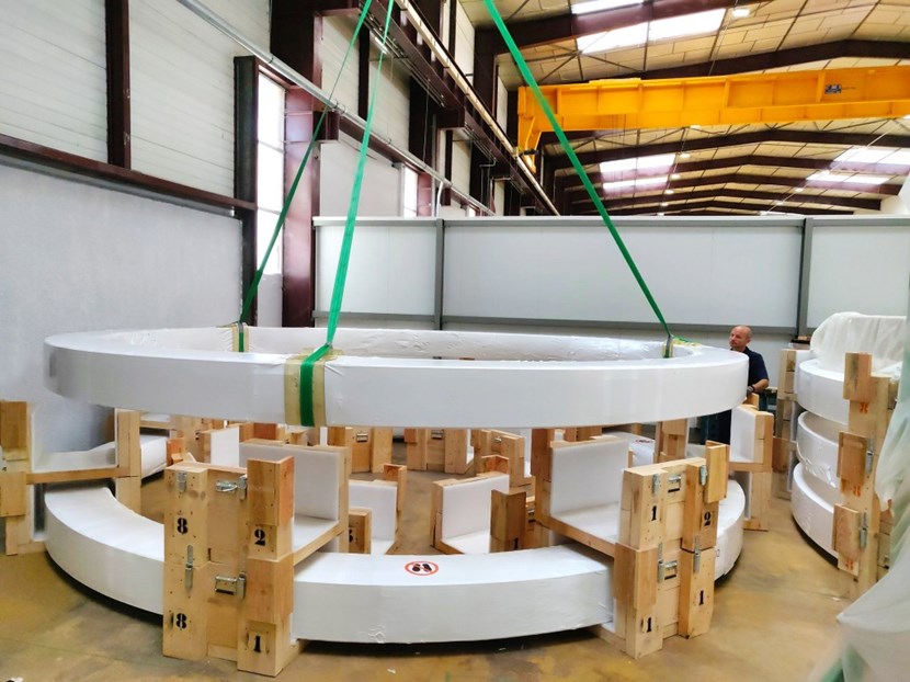 The completed pre-compression rings at CNIM, stacked and ready for transport. (Click to view larger version...)