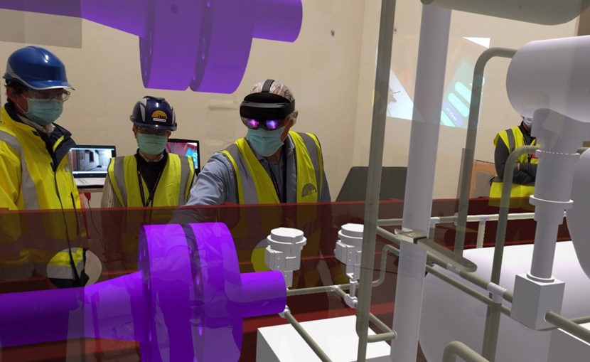 In the augmented reality experience, the projected position of a set of equipment is superimposed on an area in construction. These past few weeks, ITER Director-General Bernard Bigot (right), Head of the Construction Domain Keun-Kyeong Kim (centre), and Senior Strategist Takayoshi Omae (left) took the full measure of this new tool and its potential in planning for the future. (Click to view larger version...)