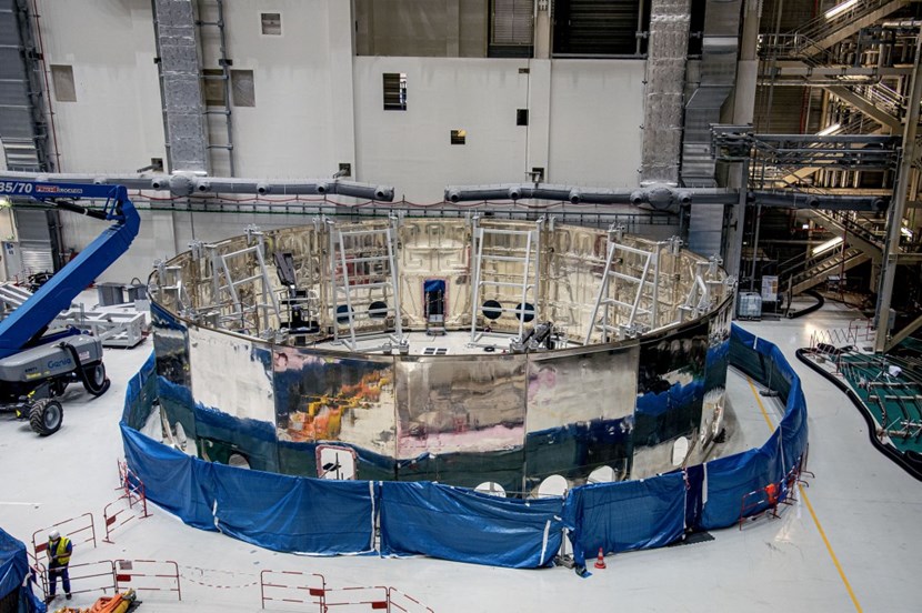 A relatively frail component (20 metres in diameter, 50 tonnes), the lower cryostat thermal shield will be inserted into the assembly pit in about one month. (Click to view larger version...)
