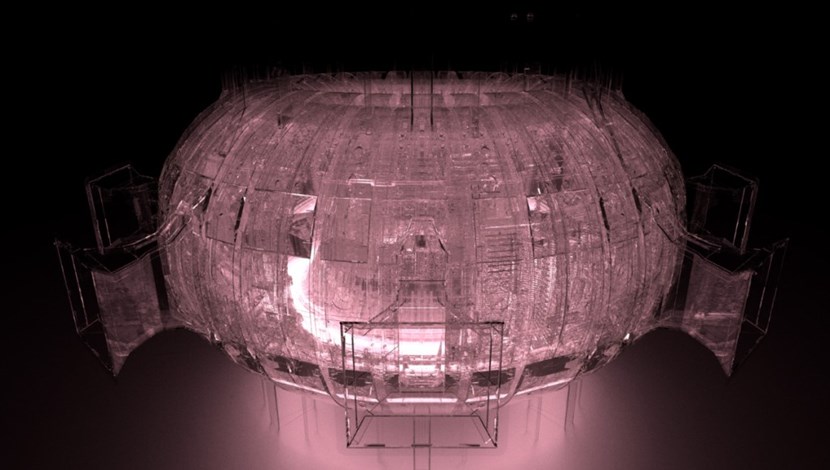 This stunning illustration is a computer-generated image of JET; it is what you would see if you could see all the way through to the hot plasma fuel inside. The models, based on real design data from JET, demonstrate a new simulation tool known as CHERAB, developed by the Culham Centre for Fusion Energy. CHERAB aims to speed up the generation of accurate data from fusion devices. (© CCFE) (Click to view larger version...)