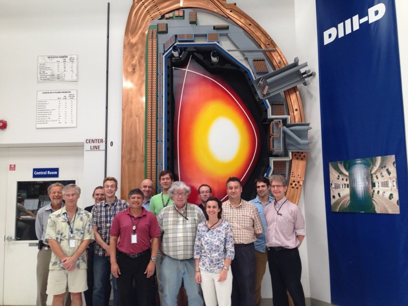 Todd Evans (second from left, first row) leading an international team of fusion experts carrying out ITER-targeted experiments to demonstrate ELM suppression in helium plasmas at DIII-D (July 2014). (Click to view larger version...)