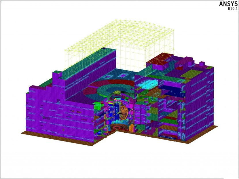 A ¾ view of the integrated Tokamak Complex / Tokamak machine finite element model. The model was developed by Andreas Lee and Xiaotan Zhang from ITER; Didier Combescure, Jordi Ayneto and Gabriele D'Amico from Fusion for Energy; and the Engage consortium. (Click to view larger version...)