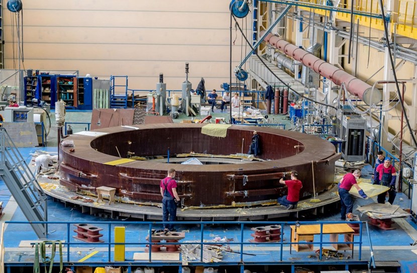 The 200-tonne PF1 magnet assembly has successfully undergone vacuum pressure impregnation. After factory acceptance tests later this year, PF1 will be prepared for shipment to ITER. (Click to view larger version...)