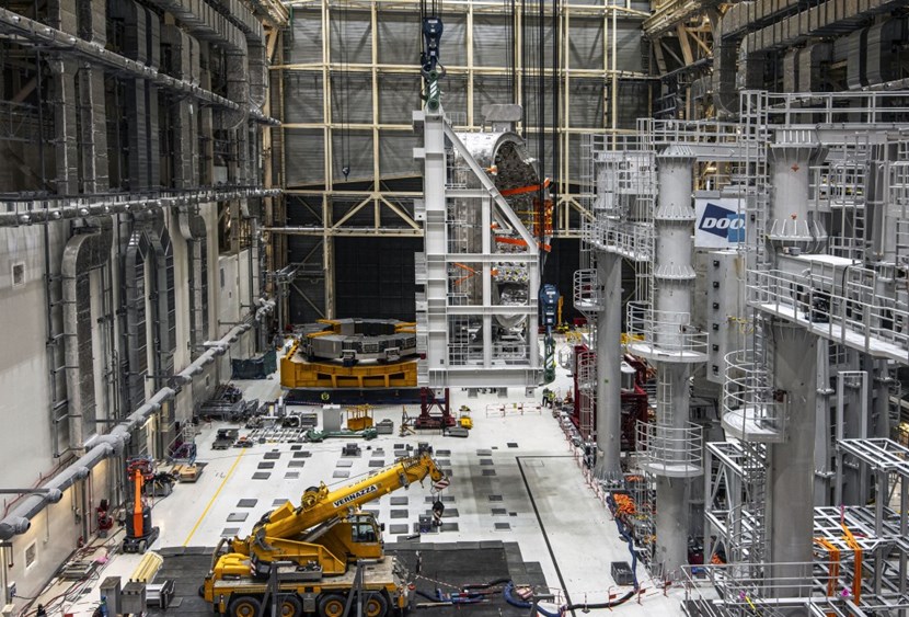For the first time of its existence, the 440-tonne component is in a vertical position ... and the observer can truly measure the size of the ITER plasma chamber. (Click to view larger version...)