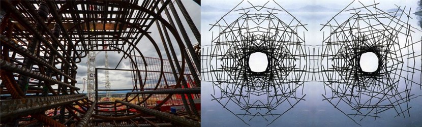In the intricate geometry of steel reinforcement (here during the construction of the bioshield), Oriol sees something reminiscent of Andy Goldsworthy's work. (Here, the ''Screen,'' 1998.) (Click to view larger version...)