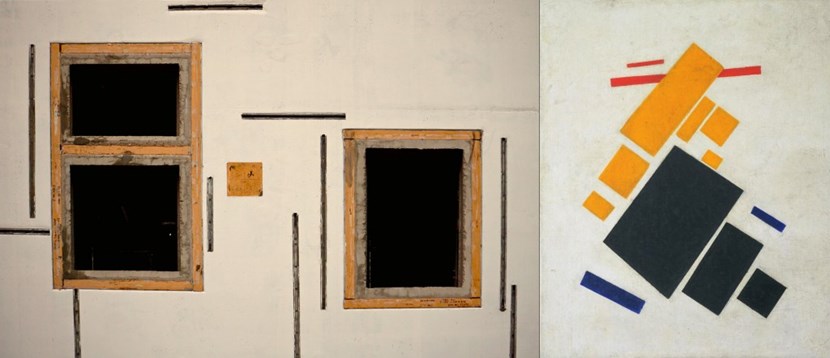 This is one of the most striking illustrations of construction imitating art: dark openings framed in yellow-painted steel, the very shapes and colours of Malevich's ''Suprematist Composition: Airplane Flying'' (1915). (Click to view larger version...)