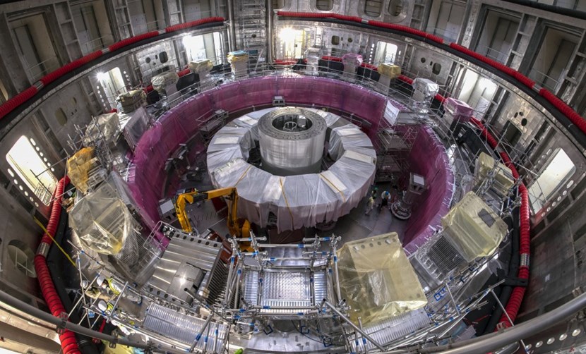 ITER machine assembly is proceeding from bottom to top. After the 1,250-tonne cryostat base comes: the lower cryostat components; nine large, 40° vacuum vessel sectors (pre-assembled with thermal shield panels and a pair of toroidal field coils); components at the top of the machine; and finally the cryostat lid. (Click to view larger version...)
