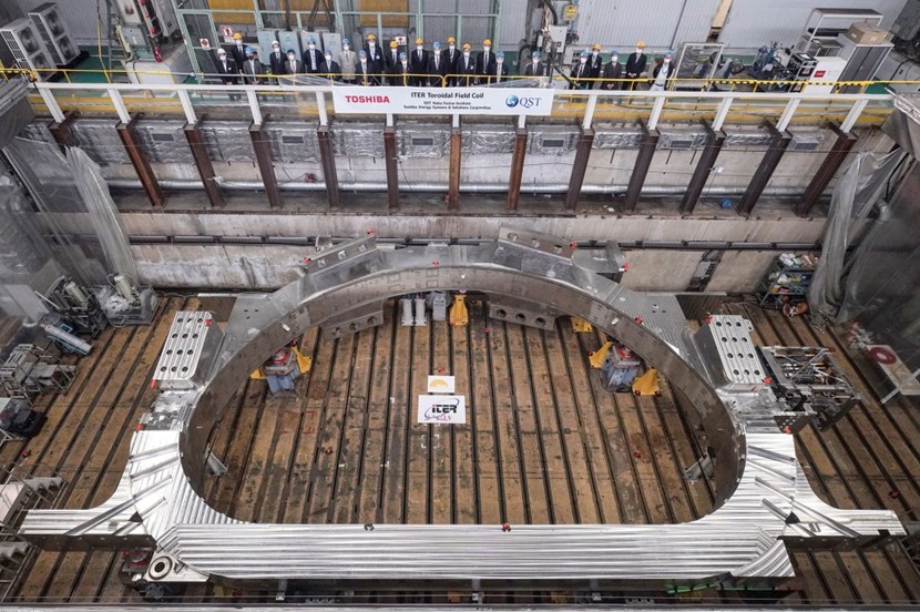This is the first of four ITER toroidal field coils to be produced by Toshiba ESS. Nine metres wide and 17 metres tall when vertical, it is one of ITER's largest components. (Click to view larger version...)