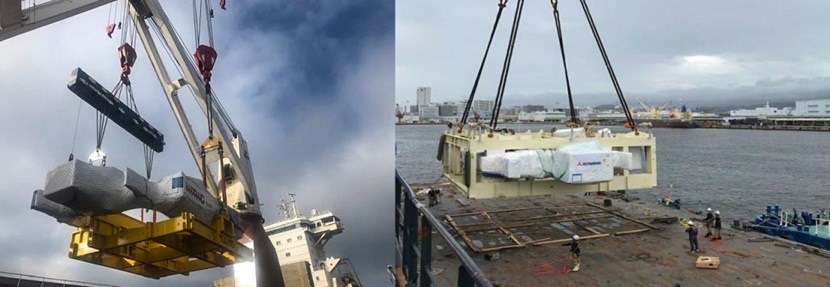7 toroidal field coils out of a total of 19 have already been delivered. Left: TF6 from Europe was unloaded at Fos-sur-Mer on 20 August. The component is expected at ITER on 3 September. Right: TF2, ready to sail from Kobe, Japan, on 23 August. (Click to view larger version...)