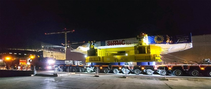 Toroidal field coil #6 (TF6) arrives at ITER before dawn on 3 September 2021. (Click to view larger version...)