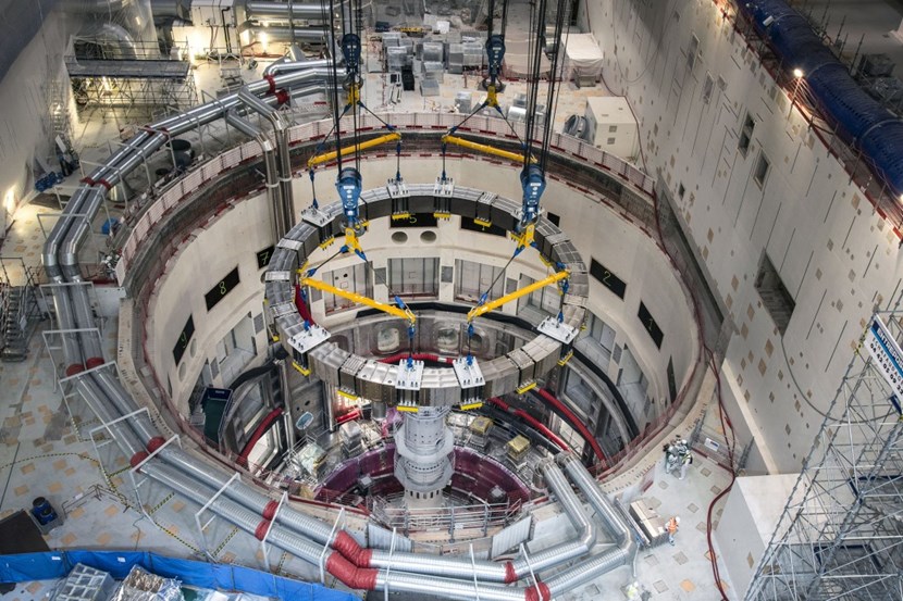 Poloidal field coil #5 is the fifth major component to be installed in the Tokamak pit after the cryostat base, the cryostat lower cylinder, the lower cryostat thermal shield, and poloidal field coil #6. (Click to view larger version...)