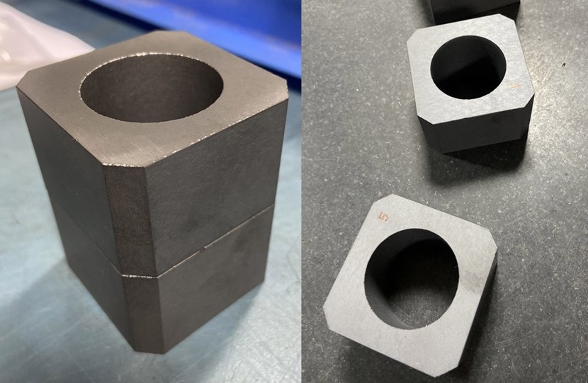 Samples of the full-size B4C blocks that were produced during the qualification program in India for diagnostic port plug shielding. (Click to view larger version...)
