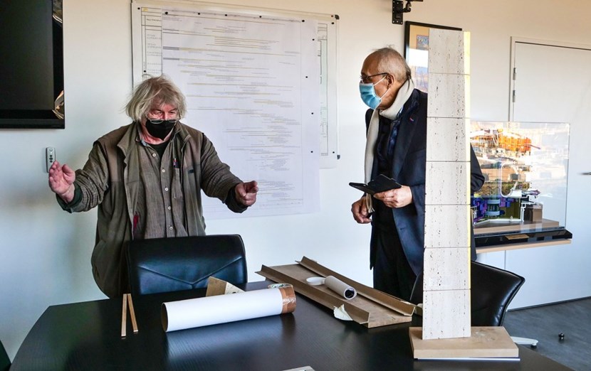 Artist Jean-Paul Philippe (left) consults with ITER Director-General Bernard Bigot about ''Résonances,'' a sculpture with symbolic references to fusion, ITER, and the energy of Sun and stars. It is planned for the village of La Roque d'Anthéron—located 45 km from ITER, and ''sister city'' to Asciano, Italy (the site of Philippe's best-known work ''Site Transitoire). (Click to view larger version...)