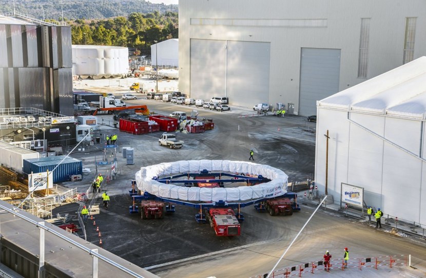 Poloidal field coil #2 (PF2) measures 17 metres in diameter and weighs just over 200 tonnes. On 17 December 2021 it was moved to temporary storage—the second of four ring-shaped coils to exit the on-site European manufacturing facility. (Click to view larger version...)