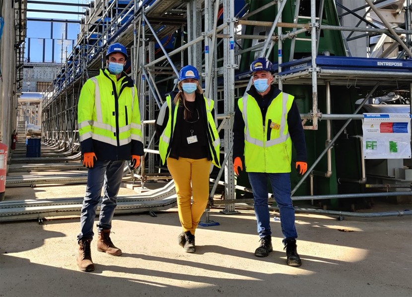 Thomas Pralus (cooling water engineer in charge of commissioning), Laura de Frutos Bolzoni (control systems integration engineer responsible for integrating cooling water with CODAC), and Thierry Menguy (commissioning and operations management officer) are pictured on the site of the ITER heat rejection system. (Click to view larger version...)