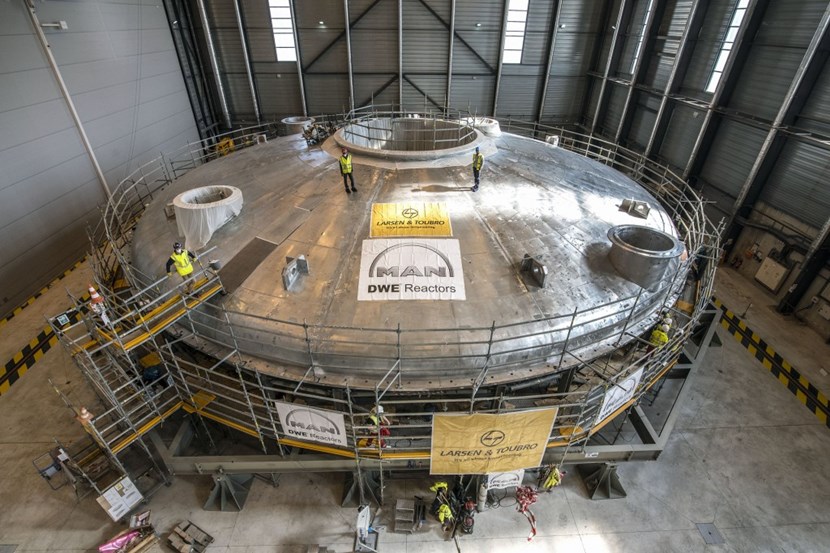 Assembly and welding activities for the cryostat top lid began a year ago, in February 2021. At 665 tonnes, the top lid is the second heaviest of all machine assembly components. (Click to view larger version...)