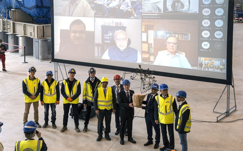 As remote participants from India look on, representatives of the ITER Organization, Larsen & Toubro Ltd, the Indian Embassy in Paris and MAN Energy Solutions are honoured with the first tree to be planted in the new butterfly garden at ITER Headquarters. (Click to view larger version...)