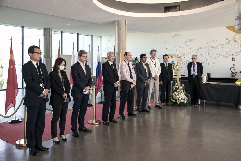 During the site-wide minute of silence on Monday 16 May senior management gathered in the lobby. From left to right: Takayoshi Omae, Chief Strategist and Deputy Head of the Office of the Director-General; Laetitia Grammatico,, Head of Legal Affairs; Ioan Cruceana, Head of the Office of the Director-General; Youngeek Jung, Head of the Construction Domain; Tim Luce, Head of the Science & Operation Domain; Nalinish Nagaich, Head of the Corporate Domain; Alain Bécoulet, Head of the Engineering Domain; and Eisuke Tada, Director-General (interim). Also present on site at ITER is the ITER Council Chair Massimo Garribba (furthest right), Deputy Director-General at the European Commission's Directorate-General for Energy. (Click to view larger version...)