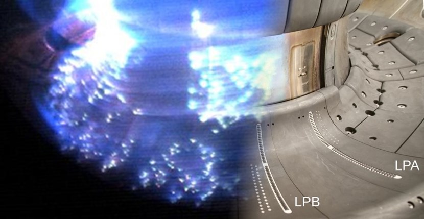 Figure 2. A disruption seen by a visible camera (blue colours on the left) overlaid with the electric current measuring probes (LPA and LPB) located in the COMPASS divertor targets. (Click to view larger version...)