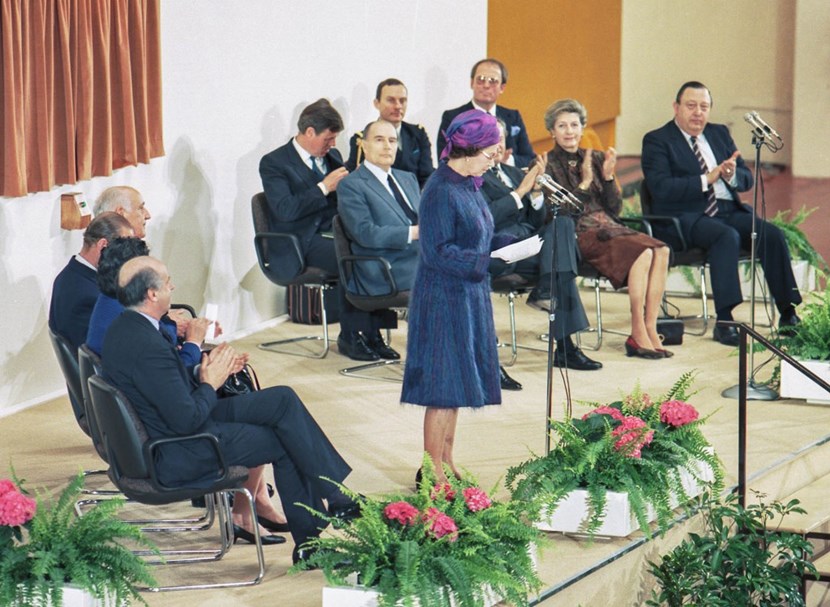 The JET tokamak was officially inaugurated by Queen Elizabeth II on 9 April 1984, ''In an energy-hungry world,'' she declared, ''the JET may be a step along the road towards a virtually unlimited source of electric power.'' Directly behind the Queen in this photo is French President François Mitterrand. (Click to view larger version...)