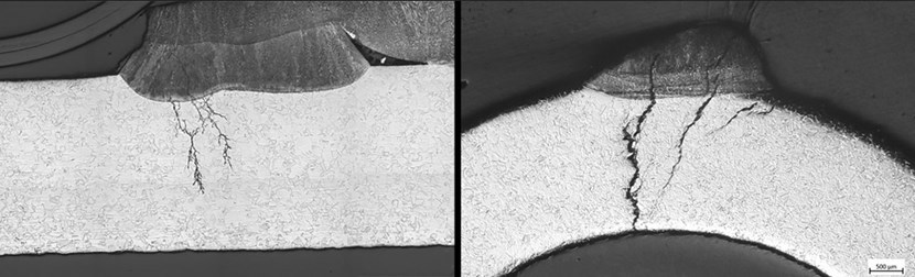 Investigative techniques (high-resolution CT scanning, scanning electron microscope, energy-dispersive X-ray spectrometer, and metallographic observation) revealed cracks in thermal shield cooling pipes such as the ones pictured here. At left, the crack is 1.5 mm deep. At right it is 2.2 mm deep and crosses the full width of the pipe. (Click to view larger version...)