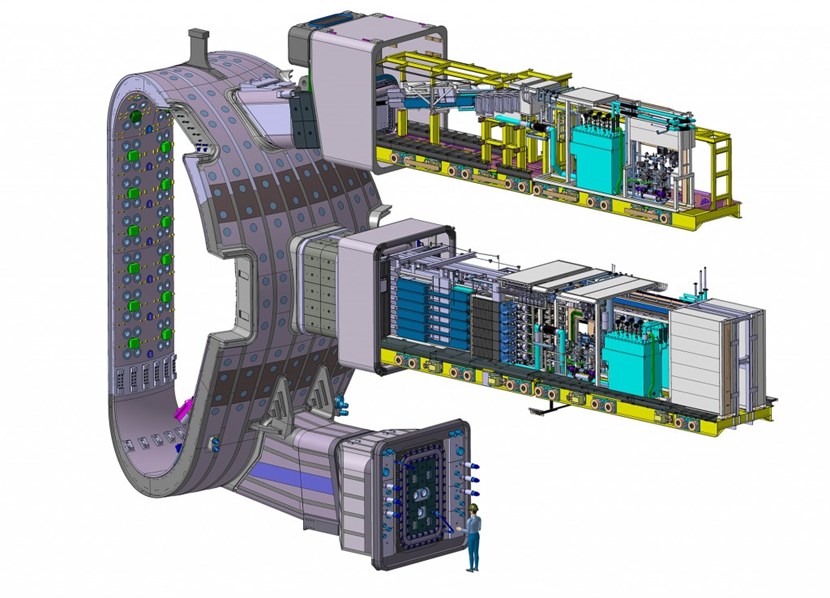 Figure 1. CAD-model of an ITER vacuum vessel sector showing a set of twelve injectors installed in equatorial port plug #2 (middle) and one injector in the upper port plug #2. A significant fraction of the equipment is dedicated to services providing cryogenic coolant, vacuum pumping, and process gases. (Click to view larger version...)