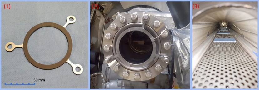Stray heat from the electron cyclotron system that reaches the diagnostic windows could cause disc damage. To mitigate this risk, every window is equipped with a sensor (1). Image (2) shows one sensor mounted on the Wendelstein 7-X stellarator for testing; in image (3), the sensor's electromagnetic-absorbing coating is subjected to a steam exposure test. (Click to view larger version...)