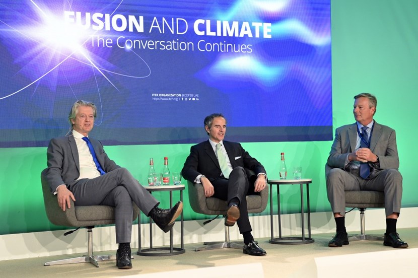 A panel on 1 December titled ''Fusion and Climate: The Conversation Continues,'' brought together from left to right: Laban Coblentz (ITER Organization), Rafael Mariano Grossi (Director General of the IAEA), and Christofer M. Mowry (Chairman of the Fusion Industry Association and CEO of Type One Energy, a private sector stellarator project). (Click to view larger version...)