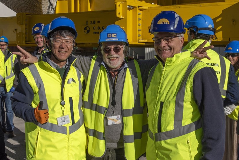 The delivery of toroidal field coil #18, on 15 December 2023, marked the completion of the project-wide effort to procure 19 D-shaped coils (including one spare) for the ITER machine. For Sandro Bonito-Oliva (centre), who oversaw the European procurement of 10 magnets, but also for Norikiyo Koizumi (left), his counterpart at the Japanese Domestic Agency, it was mission accomplished! Both men are now bringing their expertise to the ITER Organization as Tokamak Program Manager and Tokamak Deputy Project Leader respectively within the ITER Construction Project headed by Sergio Orlandi (right). (Click to view larger version...)