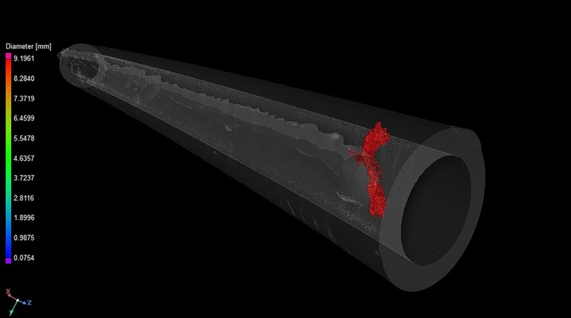 The location of a branched stress corrosion crack that crosses the entire cross section of a thermal shield cooling pipe is accurately identified by X-ray tomography, thanks to a collaboration with the Mechanical and Materials Engineering team at CERN. (Click to view larger version...)