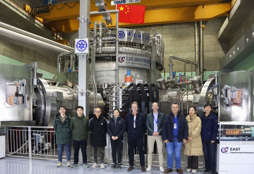 In front of the EAST device. Given the opportunity of experimentation on EAST, the ITER team quickly settled on three priorities: the optimization and characterization of a wall conditioning process known as boronization, plasma start-up on tungsten surfaces, and the impact on H-mode operational space of running soon after, and far in plasma operation time from, a boronization coating. While these issues have to some extent been addressed on ASDEX Upgrade and WEST operating with tungsten, the new EAST experiments have made a significant addition to the database. (Click to view larger version...)