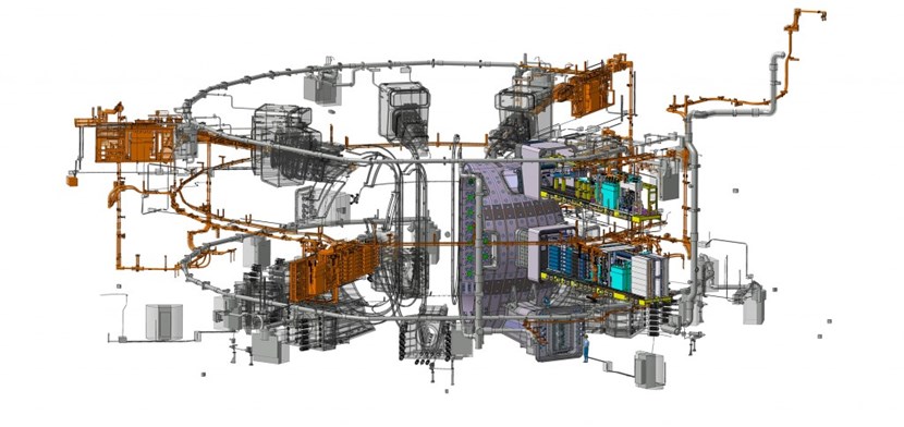 The rendered computer model shows an ITER vacuum vessel sector on the right with the disruption mitigation system injectors and supporting hardware at equatorial and upper port levels. Other injectors and associated hardware are shown in the model in orange and grey. The small human figure (if you can spot it) gives an idea of the scale. (Click to view larger version...)
