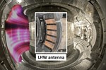 The EAST tokamak is located in Hefei, China at the Institute of Plasma Physics, Chinese Academy of Sciences. First plasma was achieved in EAST in September 2006. EAST incorporates fully superconducting coils with ITER-like magnetic configurations, which allows the exploration of plasmas over long timescales to address plasma physics and technology issues for ITER under steady-state operation conditions. The photograph  shows the interior of the EAST tokamak (right) and the helical structures created by lower hybrid microwaves that lead to ELM control (left); the lower hybrid antenna is shown in the centre.