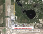 The site of the US jacketing facility (marked in yellow) on the premises of Tallahassee Regional Airport. The Cable Payoff Building and the Compaction and Spooling Building are at opposite ends.  